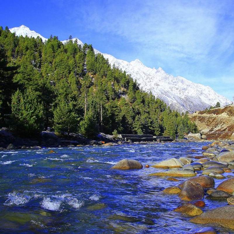 Chitkul village with the Baspa River and snow covered peaks