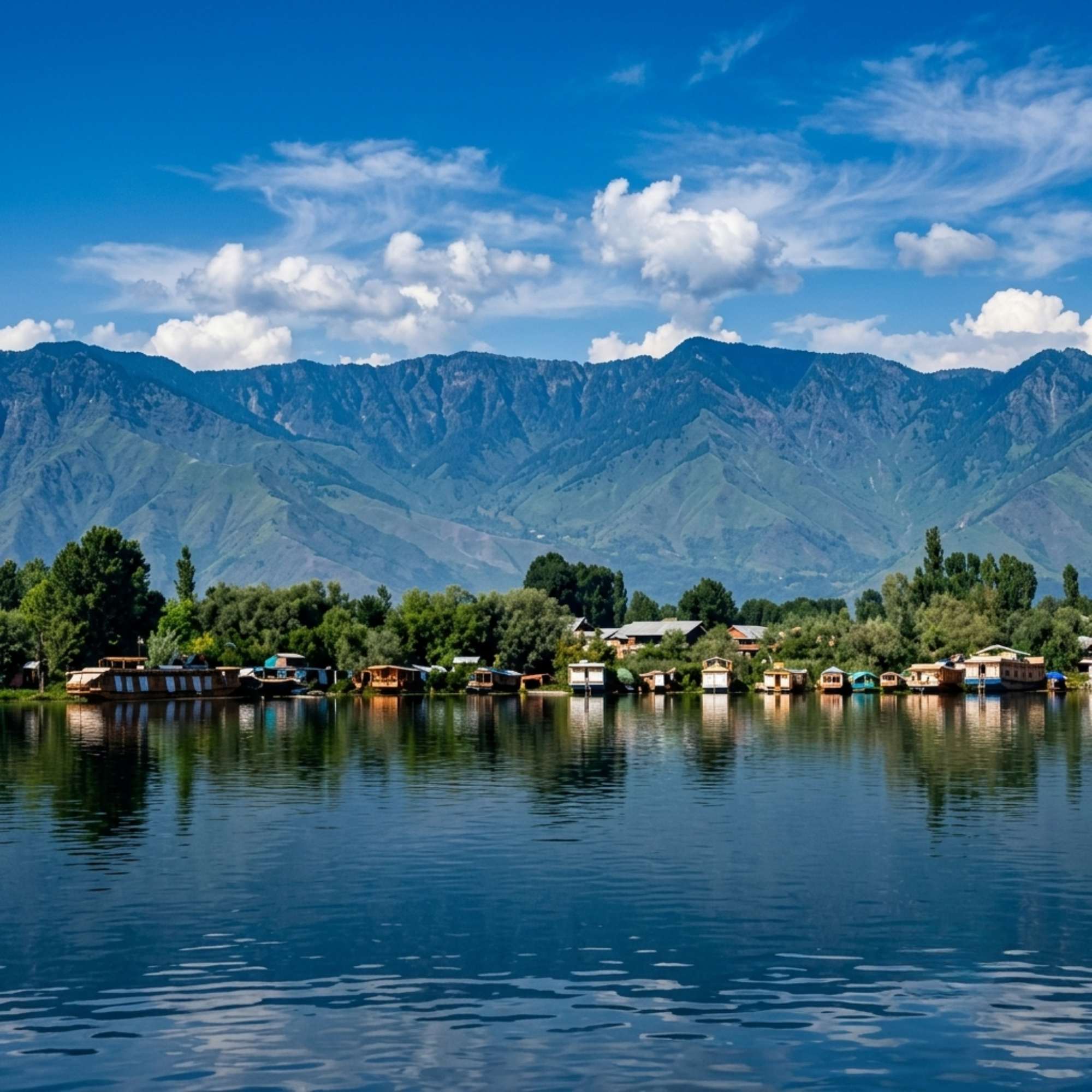 Clear reflections on Nigeen Lake surrounded by trees