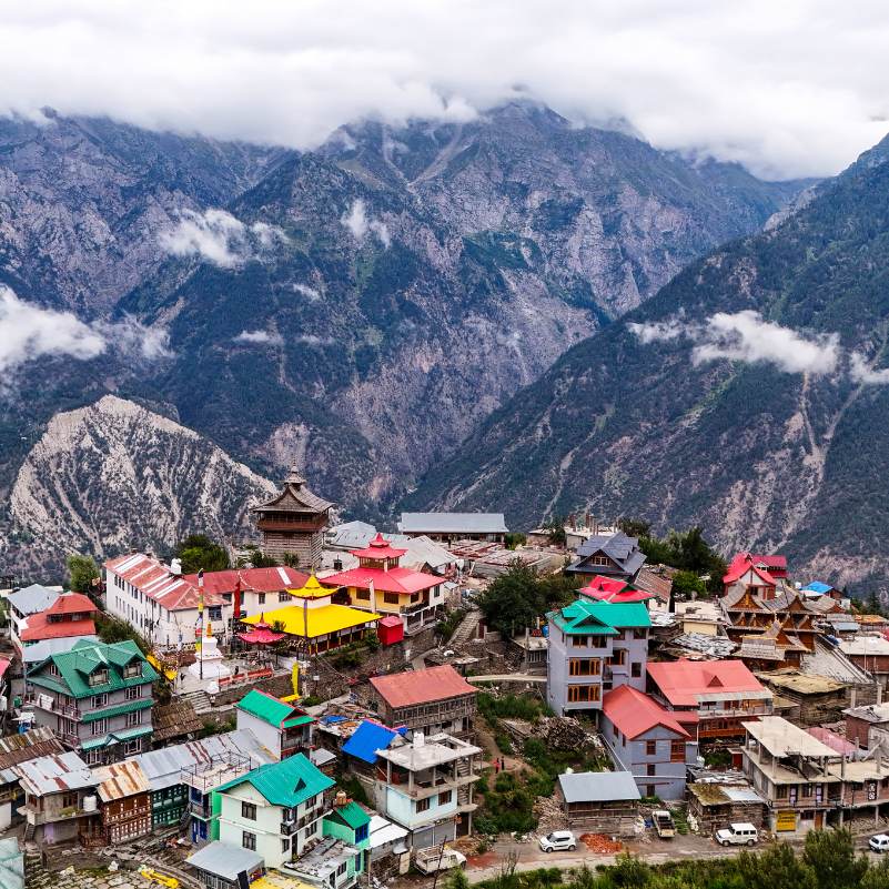Apple orchards on the hillside in Kalpa with mountain views