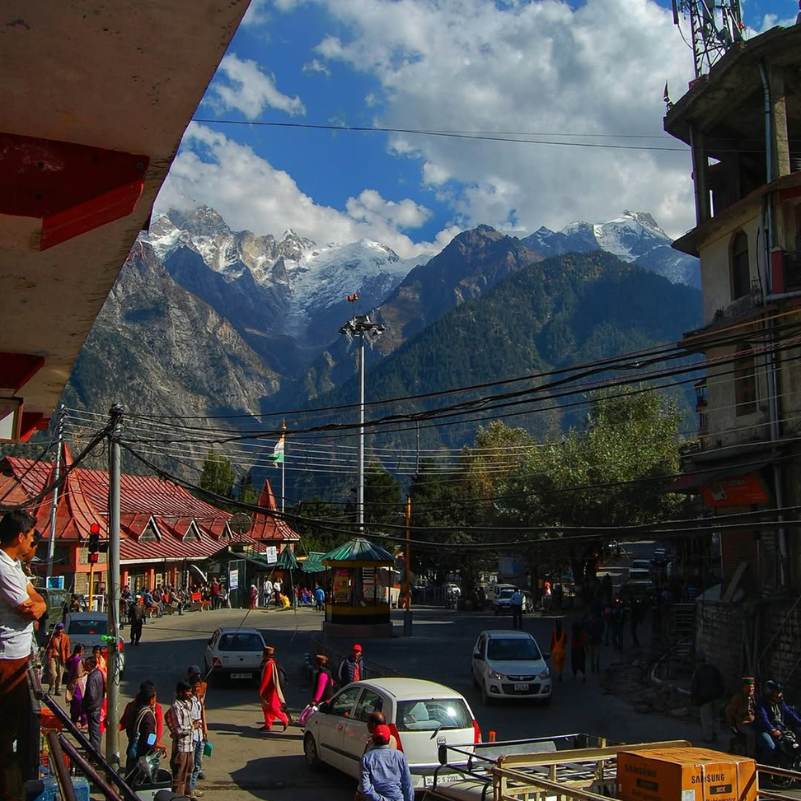 Hillside view of Reckong Peo with Kinnaur mountains