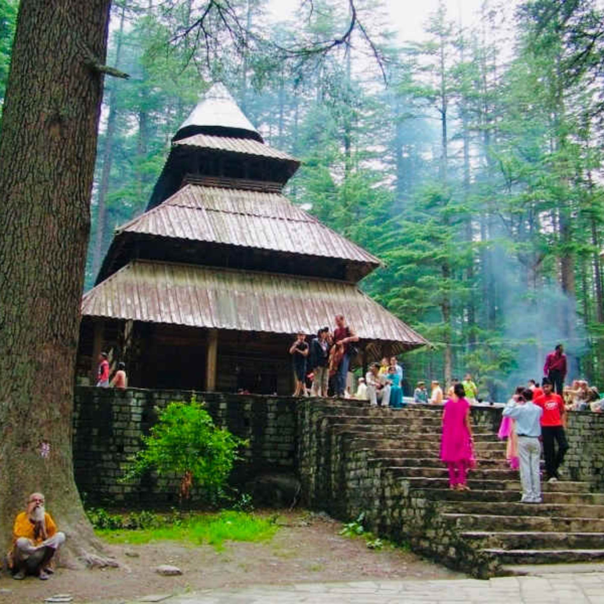 The intricate wooden architecture of Hadimba Temple showing carved panels and tiered roof