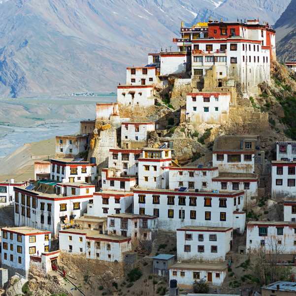 White washed buildings of Key Gompa against brown Spiti mountains