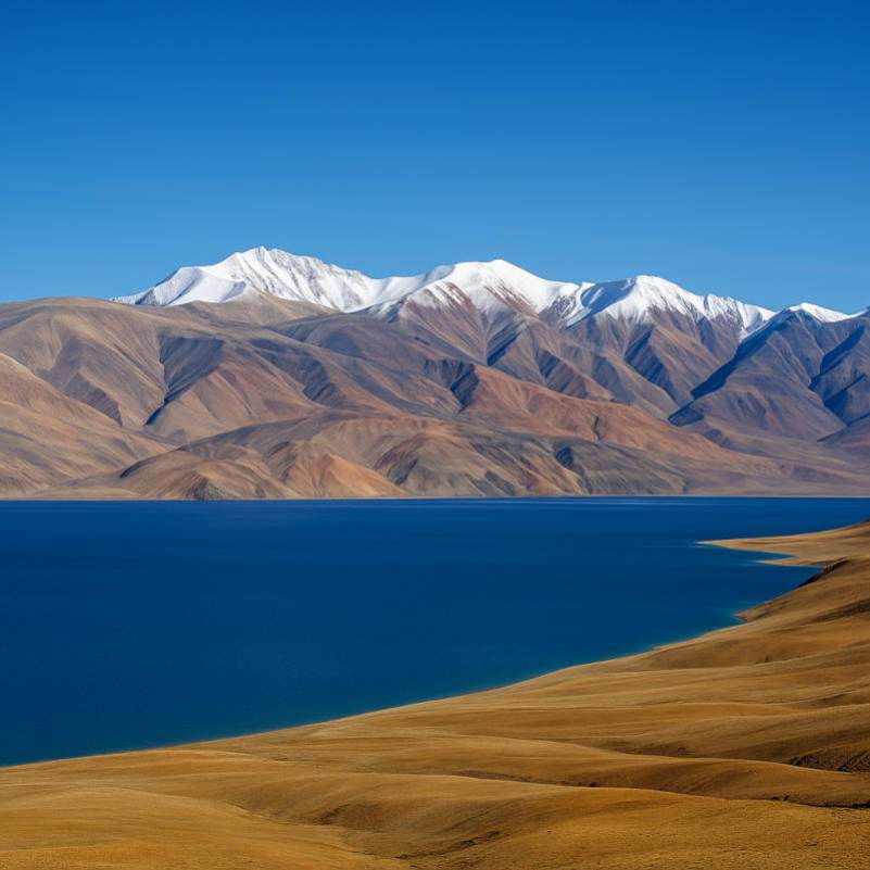 Still water reflecting the Ladakh peaks at Tso Moriri in early morning before the wind picks up, the best light window of the day