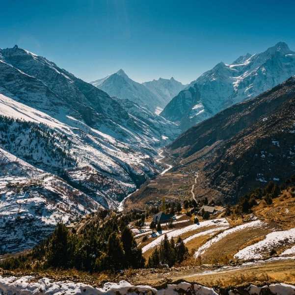 Keylong town on the south facing slope above the Bhaga river in Lahaul