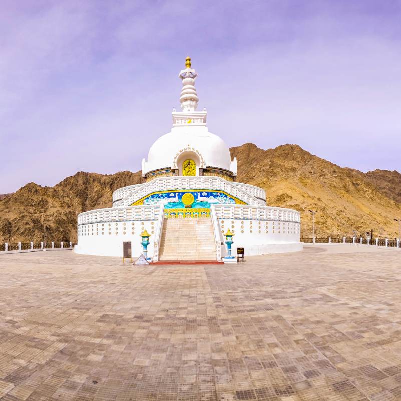 Close view of the white Shanti Stupa dome in Ladakh