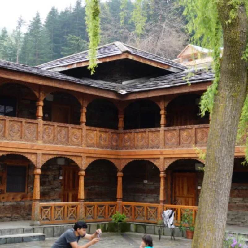 Rustic exterior of Naggar Castle perched above the Kullu Valley