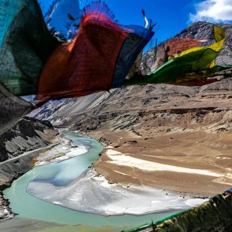 The distinct colours of the Indus and Zanskar rivers visible at Sangam Point Ladakh