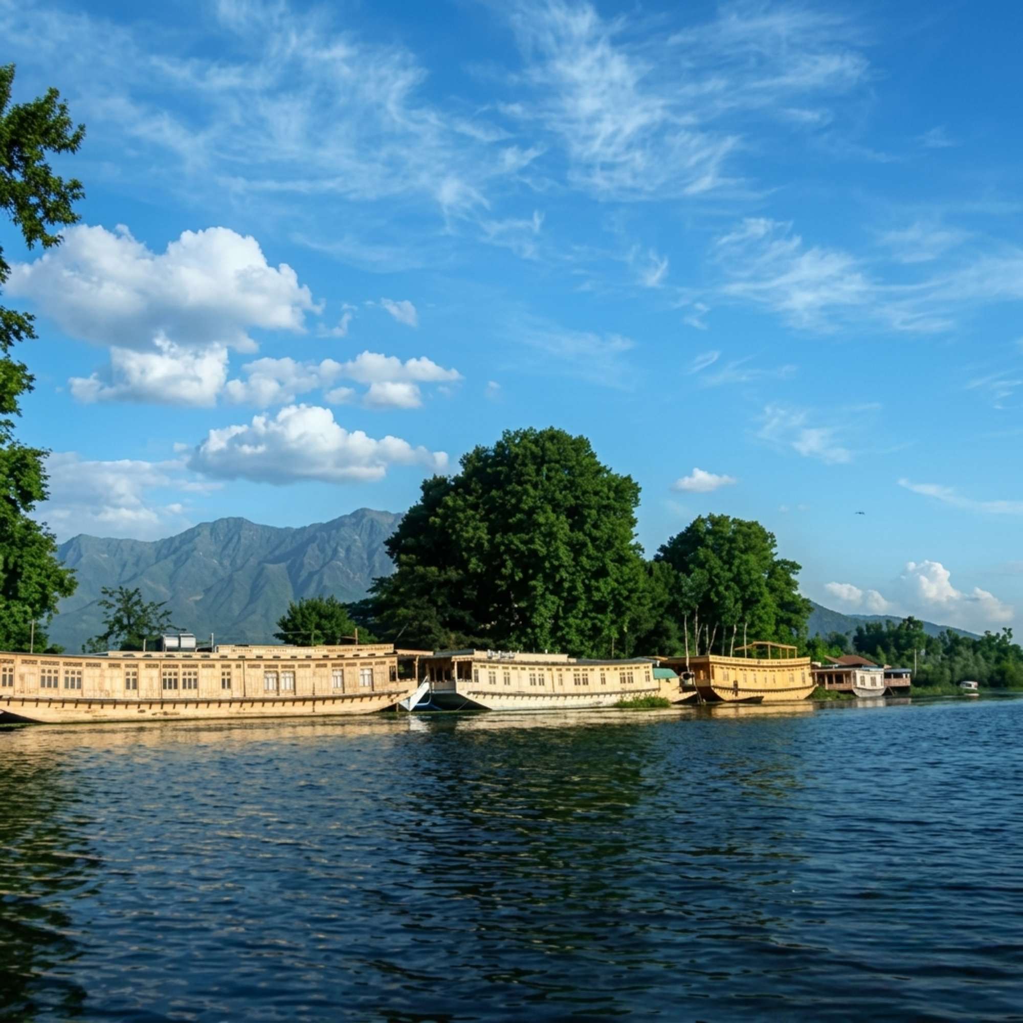 Houseboats on the calm waters of Nigeen Lake Srinagar