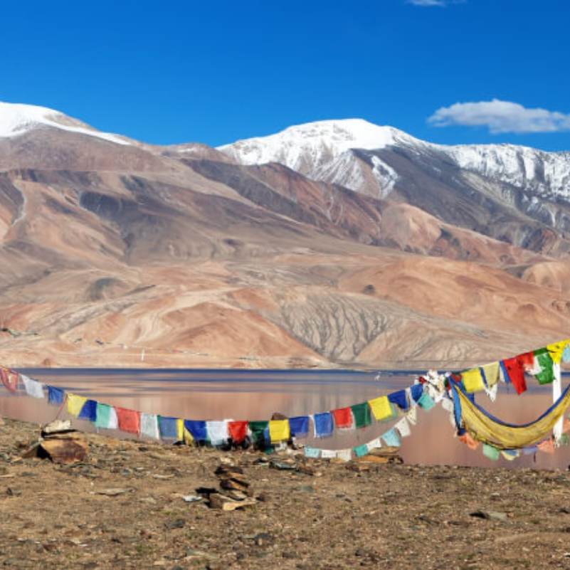 Tso Moriri Lake under a deep blue summer sky, with the peaks of Mentok Kangri rising behind the far shore