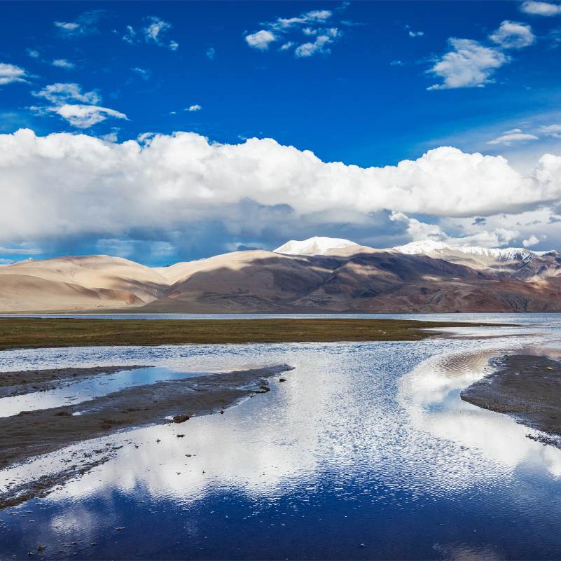 Panoramic view of the full length of Tso Moriri Lake and Rupshu valley with Changthang plateau peaks