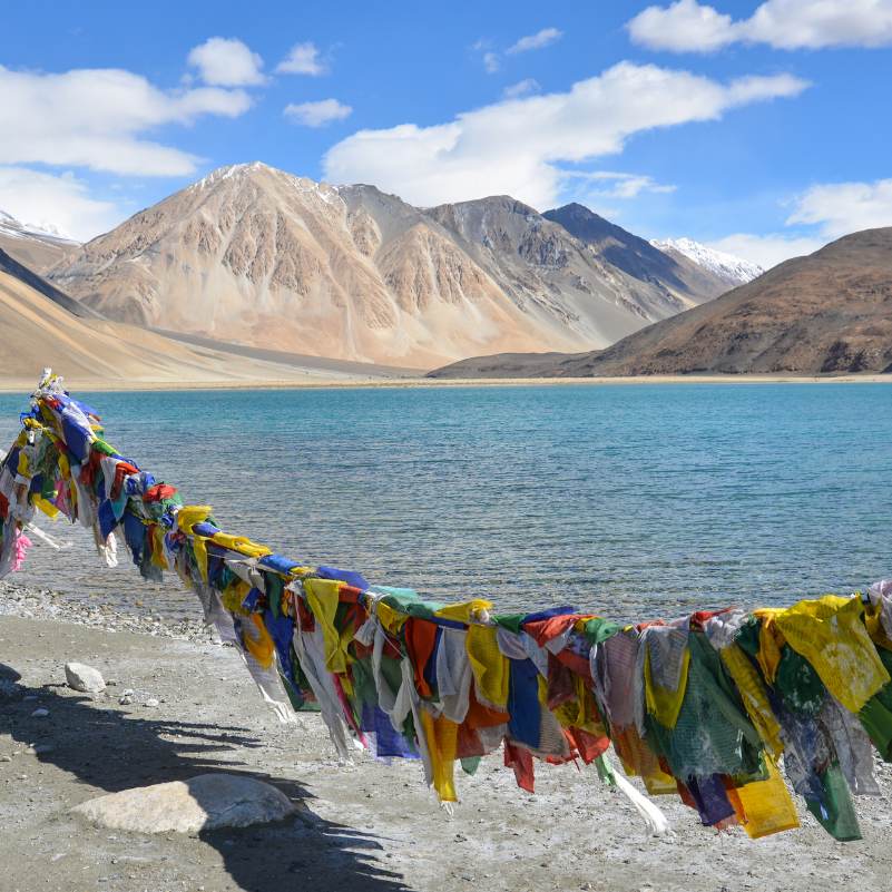 Pangong Lake water shifting between navy, cobalt, and lighter blue in changing afternoon light, the colour behaviour the lake is famous for