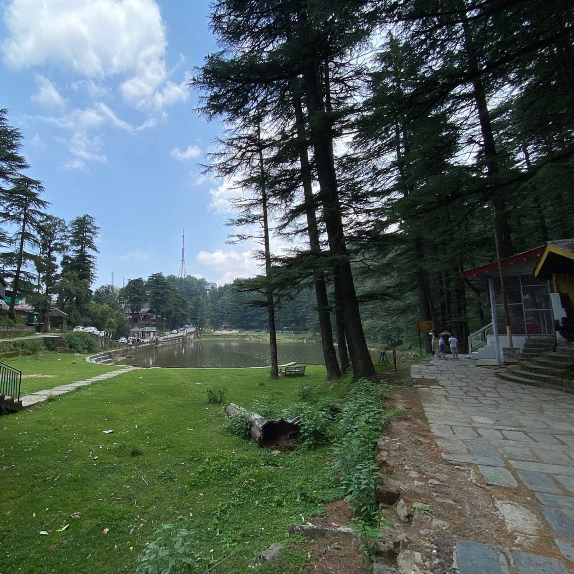 Calm waters of Dal Lake reflecting trees in Dharamshala.jpg